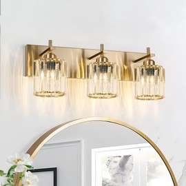 HUOKU Modern Crystal Bathroom Vanity Lights, Gold 3-Lights Bathroom Light Fixtures Over Mirror, Crystal Wall Lighting with Polished Brass Finish