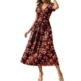 Gracyoga Maxi Dresses for Women 2025 Casual Long Short Sleeve Wrap A Line Dress Spring Flattering Elegant Elastic Waist Sundress Red Floral Printed L