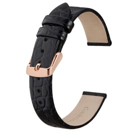 BISONSTRAP Watch Straps for Women, Crocodile Pattern Leather Thin Watch Replacement Bands,16mm, Black with Rose Gold Buckle