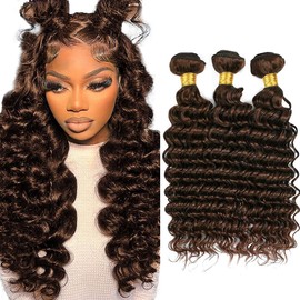 Raivide Color #4 Bundle Chocolate Brown Deep Wave Human Hair Bundles Brazilian Dark Brown Bundle Color #4 Loose Deep Bundles Human Hair 12 14 16 Inch