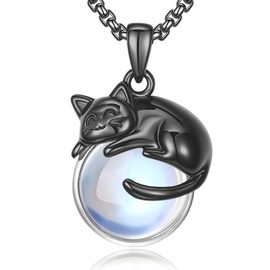 AEONSLOVE Katzenkette für Mädchen Damen Katzen Anhänger Kette Silber 925 Mondstein Halskette Frauen Schwarzer Katzen Schmuck