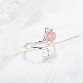 Anillo de Plata TREE NEST Anillo para Mujer Anillo Ajustable Diseño de Forma de Gatito con Cristal Rosa, Anillos de Mujer Anillo de Boda Regalo Ideal para Mujeres Tamaño Universal 30094