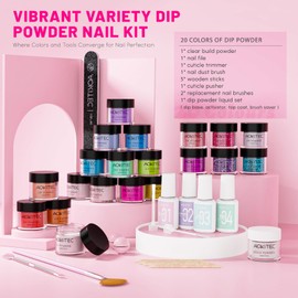 Aokitec 20+1 Colours Dip Powder Nail Kit with Build Powder - 36 PCS SummerColours Dipping Powder Set with Dip Base Activator Top Coat Brush Saver for French Manicure Starters Gift Sets