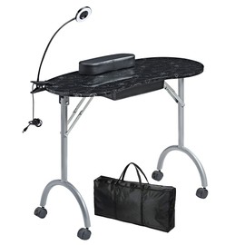 CHAOEEMY Portable Manicure Table，Nail Salon Technician Desk with Large PP plastic drawer、LED-Light、Wrist rest、Carry Bag，for nail salon、beauty salon、home nails painting、tattoo，Black…