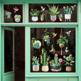 wondever Window Sticker, Green Potted Plant, Window Sticker, Hanging Plants, Leaves, Hummingbird Window Sticker, Anti-Collision, Double-Sided Glass Sticker, Glass Decoration