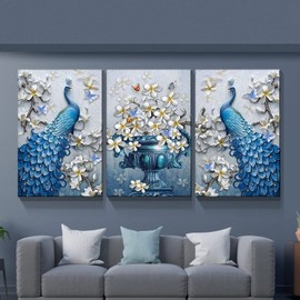 Looife Peacock Canvas Wall Art Decor 20x30 Inch 3 Panels Vintage Blue Peacock Couple with Flower Vase Painting Giclee Prints Gallery Wrapped Elegant Animal Feather Background Artwork Room Decoration