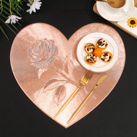 Hosoncovy Rose Heart Placemats Set of 4 Table Mats Set Washable PVC Non-Slip Heat Resistant Table Place Mats Dinner Mats Meal Mat for Kitchen and Dining Room for Wedding (Rose Gold)