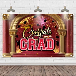 Wollmix Red Graduation Decorations Banner Class of 2025 Backdrops Congrats Grad Congratulations Cap High School College Graduate Party Supplies Favors Yard Sign Gifts Decor 72.8 x 35.4 Inch