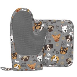 Cute Dog Oven Mitts and Pot Holders Sets Heat Resistant Non-Slip Silicone Oven Gloves Kitchen Accessories for Cooking Baking Grilling BBQ