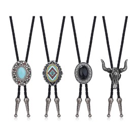 MILACOLATO 4Pcs Western Cowboy Vintage Bolo Tie Men Handmade Leather Round Shape Black Vintage Turquoise Pendant Bolo Ties Necktie for Women,Men