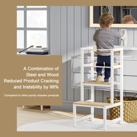 INNOD Kitchen Step Stool for Toddlers, Height Adjustable Toddler Tower with Safety Rail, Steel and Wood Toddler Kitchen Stool Helper Kids, Stool for Kids, Learning Tower, Kids' Desk Wood White