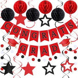 Seenelling Red and Black Congrats Grad Banner 2025 Graduation Decorations with Hanging Swirl Honeycomb Ball Circle Garland Grad Party Favor Supplies for College Senior High School Classroom Decor
