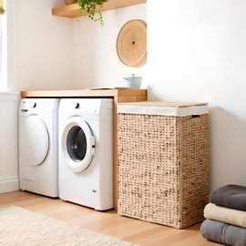 Nivora Water Hyacinth Laundry Hamper Brown 15 x 11.8 x 24 Inches - 64 Liters/18 Gallons with Removable Liner - Woven Organizer for Dirty Clothes, Bedroom Laundry, or Bathroom Towel Storage