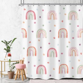 Ufeela Boho Rainbow Shower Curtain 72Wx84L Inch Extra Long Kids Girls Shower Curtain, Cute Pink Polka Dot Shower Curtain Bathroom Set Girls Children Pastel Bath Curtain Bathtub Accessories Home Decor