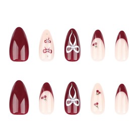 AkiliBIELY Almond Press on Nails Medium Red Cherry Silver Bare Bow Cherry Pearl French Tip Fake Nails Women Glue on Nails Acrylic Gel Stick on Nails Cute Fantasy Classy False Nails Wedding Birthday