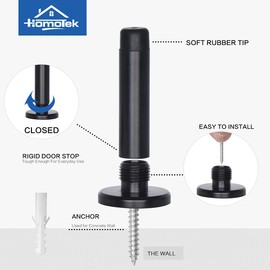 HOMOTEK 2 Pack Heavy Duty Solid Rigid Door Stops Bumper Sound Dampening Door Stoppers with Soft Rubber Tip, Zinc Die Cast DoorStops Wall Protector 2.8" DoorStoppers, Black