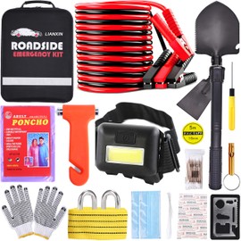 Car Emergency Roadside Tool Kit, Emergency Kits for Vehicles, Road Side Safety Assistance Kit ,With Jumper Cables for Car,Headlamp,Folding Shovel,Tow, Basic Automobile Road Side Kits for Men Women