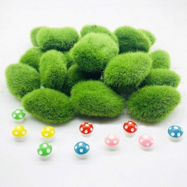 N|A Woohome 30 PCS Artificial Moss Rocks Decorative Set, 2 Size Green Moss Balls and 10 PCS DIY Mushroom, Fake Moss Decor for Floral Arrangements, Fairy Gardens and Crafting