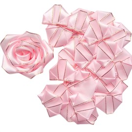 100 Pcs Gold Edge Silk Ribbon Rose Petals Pre-Made Glitter Shimmering Flowers for DIY Bouquets,Half-Finished Crafted Shining Forever Flower for Weddings Anniversaries (Shining Light Pink)