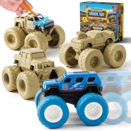 Mystery Truck Toys for 3 4 5 6 7 Year Old Boys, Wash to Reveal 4 Vehicles with Realistic Mud Paint, Push and Go Toddler Toys, Ideal Christmas, Birthday Gifts for Kids