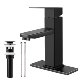 Herogo Black Bathroom Faucet, Stainless Steel Modern Bathroom Sink Faucets with Pop-up Sink Drain & Deck Plate 1 or 3 Hole, Single Handle RV Washbasin Lavatory Faucet with 2 Water Hoses