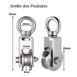 KCNOFNC Pulley with 2 Ball Bearings, Stainless Steel Fitness Pulley, 40 mm Pulley for 8 mm Ropes, Steel Cable, Load Capacity 250 kg, Pack of 1