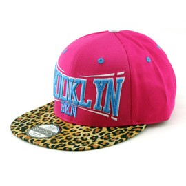 NYFASHION101 Unisex Brooklyn BKN Embroidered Logo Leopard Print Flat Bill Cap, Hot Pink/Turquoise