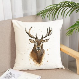 KUNQIAN Stag Cushion Cover Stag Head Animal Christmas Pillow Cover Decor Xmas Stag Ornament Wildlife Deer for Home Livingroom Couch Bed Sofa Decorate Throw Pillow Case Stag Gift 18"x18"
