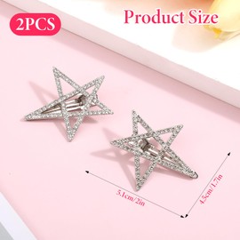 2 Pcs Star Hair Pins Sparkly Rhinestone Crystal Hairstyle Bang Clips Non-Slip Hollow Barrette Accessories for Long Short Straight Curly Hair Women Silver 2×1.7 Inch Sweet Cool Style Gifts