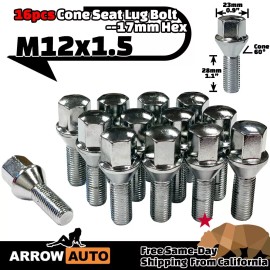 ARROW 16x Chrome M12x1.5 Cone Seat Lug Bolt 28mm Shank/17mm Hex/23mm Flange Size