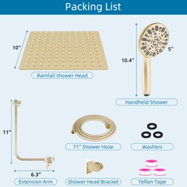 Rain Shower Head with Handheld Head High Pressure 10" Large Rainfall Showerhead+7-Spray Handheld Head Combo, 11" Shower Extension Arm, 71" Hose, 3 Settings Diverter, Gold