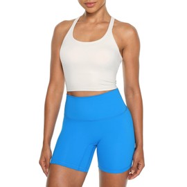 Ukaste Women's Studio Essential Racerback Sports Bra - Longline Padded Yoga Crop Tops with Built in Bra, Cream, 4