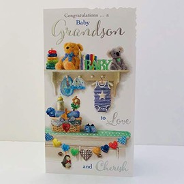Jonny Javelin Congratulations Grandson to Love and Cherish New Baby Card - Toys On Shelf