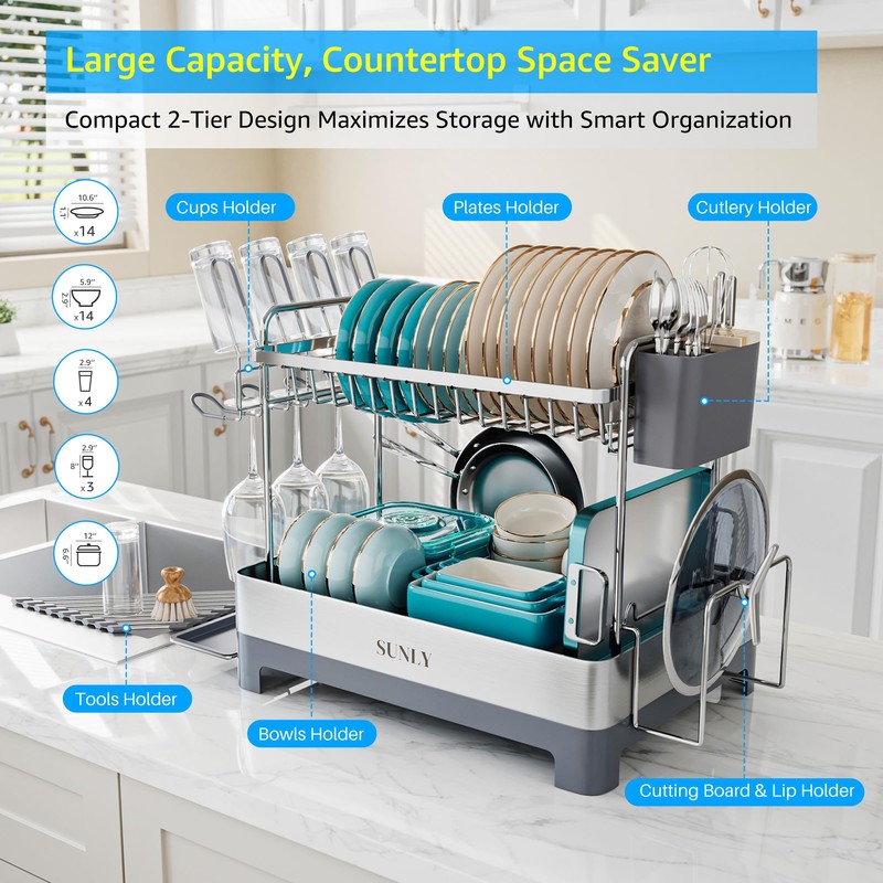 SUNLY Large Dish Drying Rack, Multipurpose 2 Tier Dish Racks
