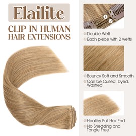 Elailite Clip in Hair Extensions Real Human Hair Double Weft Thick 8pcs Weft Dark Blonde 20 Inch 150g Remy Hair Strawberry Honey Blonde Balayage Full Head Straight for Women