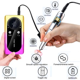 Electric 45000RPM Nail Drill Machine Rechargeable Portable Nail File Electric DIY Nail Drill Kit with Smart LCD Screen for Gel Nail Manicure and Pedicure Reflective Body etc(Multicolor)