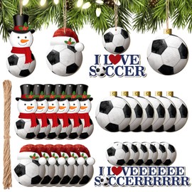 24 Pcs Christmas Soccer Ball Ornament Wooden Soccer Snowman Ornament Wood Soccer Ball Christmas Tree Ornament Wood Soccer Cutouts Decorative Hanging Ornaments for Xmas Soccer Holiday Party Decoration