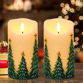 Eldnacele Christmas Flameless Candles with 6 Hour Timer Battery Operated Hand Painted Christmas Tree Real Wax 3D Wick Flickeirng LED Pillar Candle for Dinner Indoor Holiday Xmas Decor(2Pcs,D3×H5.7)