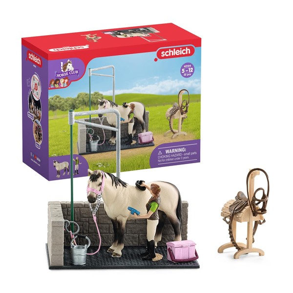 Schleich Horse Club, Gifts for Girls and Boys, Horse Wash Area Set with Horse Figurine, 11 Pieces, Ages 5+