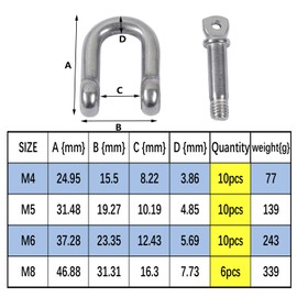 M6 D Shackle 304 Stainless Steel D-Ring Shackle Lock Shackle Straight Short Shape Stainless Steel for Heavy Rigging, Cords, Pulling, Steel Chain Link Shackles, Pack of 10