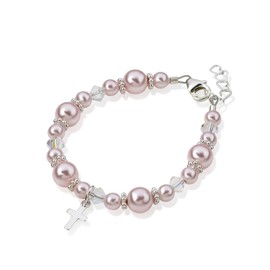 Christening Sterling Silver Cross Charm Bracelet | European Simulated Soft Pink Austrian Pearls | Baptism Keepsake for Baby, Toddler, Teen Girls | Ideal Catholic Christening Gift (Baptism-Girl)
