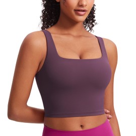 CRZ YOGA Butterluxe Womens Square Neck Longline Sports Bra - Workout Crop Tank Tops Padded Yoga Camisole with Built in Pads Grape Thistle Purple Medium