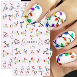 2 Sheets Christmas Nail Stickers for Nail Art Colorful Xmas Neon Lamp Nail Decals 5D Embossed Christmas Light Nail Art Stickers Self-Adhesive New Year String Light Nail Decorations for Women Girls