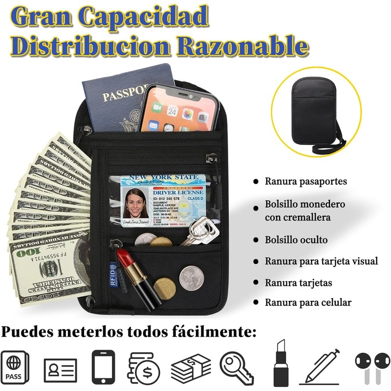 Cartera de Viaje Antirrobo, Bloqueo RFID y Bolsillo Oculta para