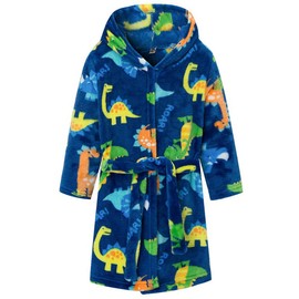 DNggAND Boys Girls Bathrobes,Toddler Boy Girl Robes,Children's Plush Soft Coral Fleece Hooded Pajamas Sleepwear for Kids Navy Dinosaur 4-5T