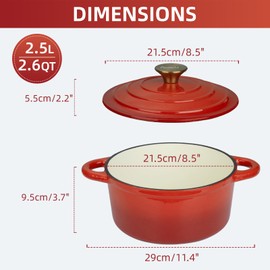 Parmedu Cast Iron Dutch Oven with Lid: 2.6 QT Small Enameled Cast Iron Dutch Oven, Sturdy Cookware for All Cooktops, Braising, Stews, Roasting, Bread Baking, Red