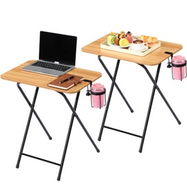 Leinuosen Set of 2 Foldable TV Trays with Cup Holder, 23.62 x 15.75 x 26 Inch Wide Folding Table for Eating Reading Office Camping, Space Saving, Easy Assembly(Light Brown,Country)