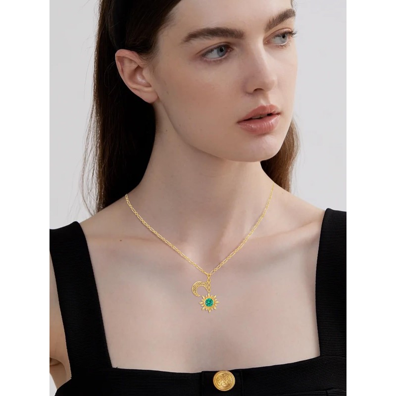 JIYVY32 Emerald Necklace May Birthstone Sun Moon Necklace for Women