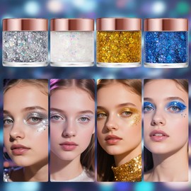 Badhare Ultra Glitter Gel Set, 4-Pack Shimmer Body Hair Sparkle for Cosplay/Festivals (Gilded Gold, Sapphire Blue, Lunar Silver, Pearl White) | Long-Lasting, Easy Wash Off, 0.12" Diameter Glitter