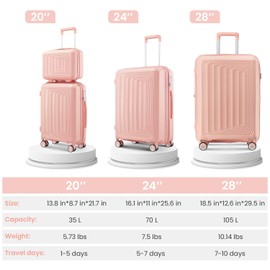 TREATLIFE HOME 4 Piece Lightweight Hard Shell Luggage Set with Spinner Wheels, Expandable Design, Travel Set for Men and Women, Pink